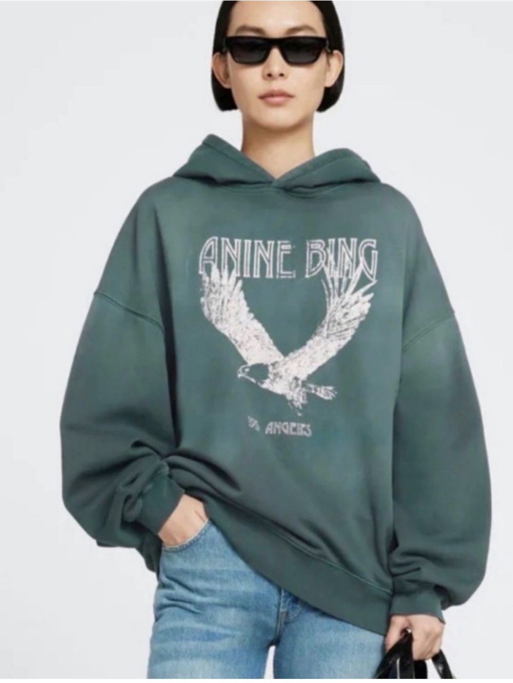 Anine Bing Sage Green Pullover Hoodie with Graphic